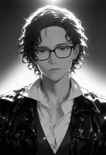 <lora:EtherPDXLStyleXL:1>, best quality, masterpiece, EtherPDXLStyle, 1boy, glasses, male focus, looking at viewer, collared shirt, monochrome, short hair, greyscale, backlighting, leather jacket, upper body, partially unbuttoned, realistic, curly hair, notched lapels, buttons, closed mouth, messy hair, parted lips, parted hair, gradient background, dress shirt, expressionless, white shirt, open collar, lapel pin, simple background, black jacket, spot color, vest, straight-on, nose, sidelighting, grey background, open jacket, open clothes, black-framed eyewear, wavy hair, semi-realistic