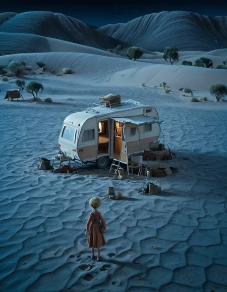 stopmotion, a Australian girl Nomad, wandering, traveler, desert, caravan, independent, free spirit, nomadic, exploration. <lora:STOPMO_1.12_RC:0.9>