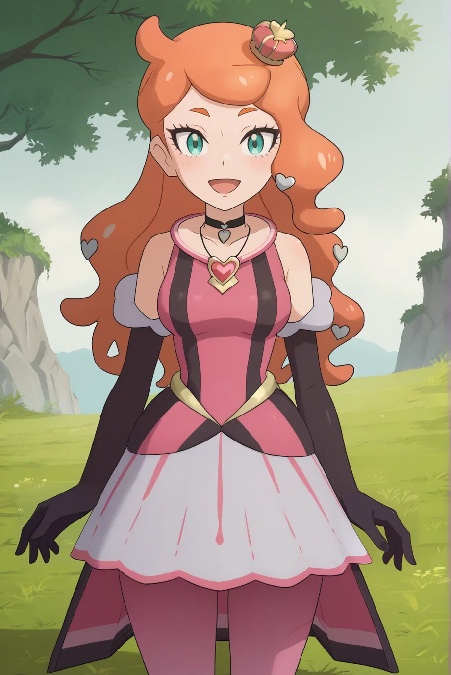 score_9, score_8_up, score_7_up, score_6_up, score_5_up, score_4_up, BREAK source_anime, 1girl, solo,
<lora:SoniaXL-v2-06:0.8>, ChopioSonia, long hair, orange hair, heart hair ornament, aqua eyes, eyelashes, looking at viewer,
hair down, mini crown,
medium breasts, wide hips,
outfit_3, pendant choker, pink dress, bare shoulders, black elbow gloves, white skirt, overskirt, pink pantyhose,
outdoors, nature, grass, standing, smile, open mouth,