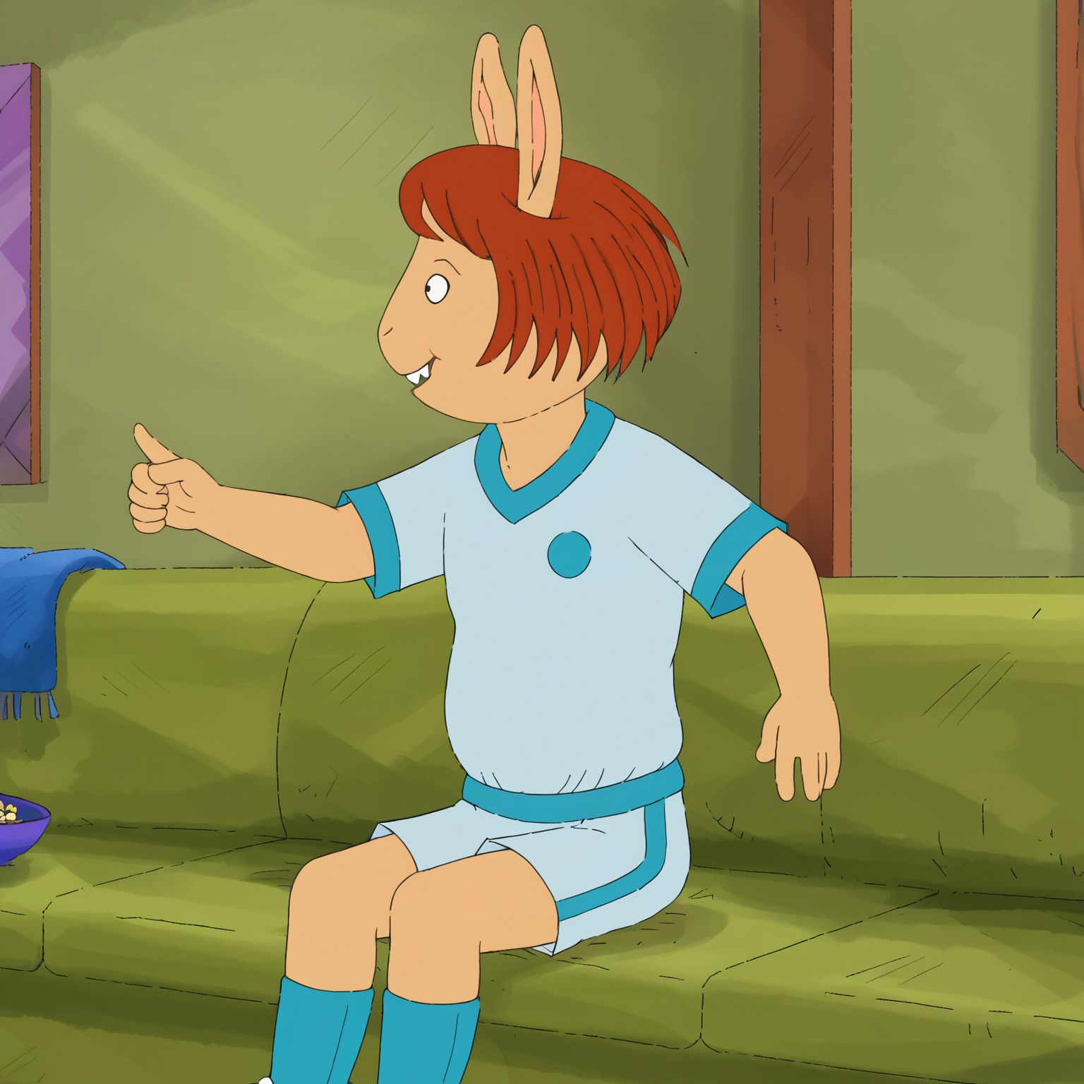 Ladonna Compson, 1girl, solo, furry, bucktooth, tan complexion, short auburn hair,
sports outfit
livingroom, sitting, couch