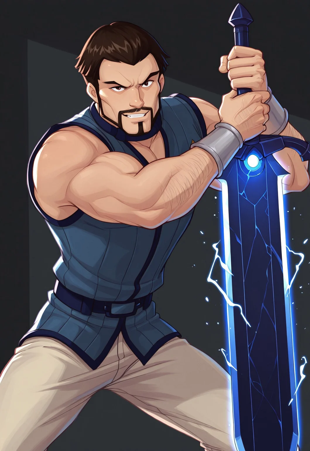 solo, masterpiece, modern, new, 1boy, male, masculine face, daddy looking face, w0lfc0nf

WinxCodatorta, brown hair, short hair, beard, sleeveless shirt, dark blue sword, combat stance