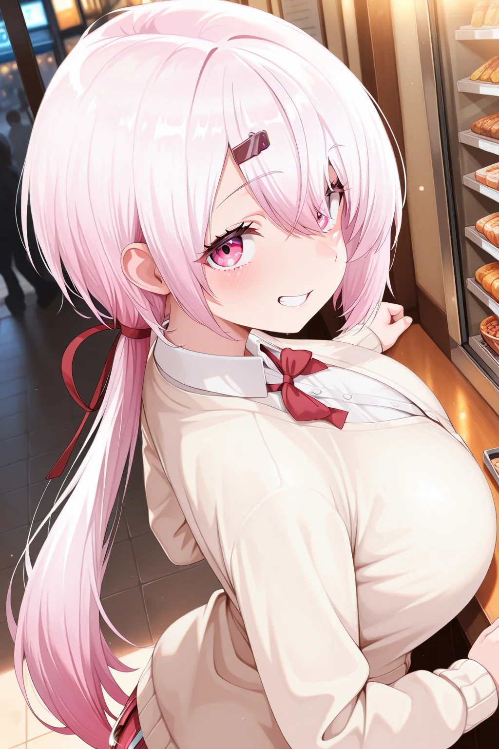 1girl, ShiinaYuikaNijisanji,
general, solo, dynamic angle, from behind,
pink hair, hairclip, hair between eyes, eyelashes, pink eyes,
ponytail, huge breasts,
cardigan, collared shirt, neck ribbon,
dating, looking at viewer, grin,
<lora:kp_ShiinaYuikaNijisanji1stCostumeIllustrious_v1_0:1.0>,
masterpiece, best quality, amazing quality
