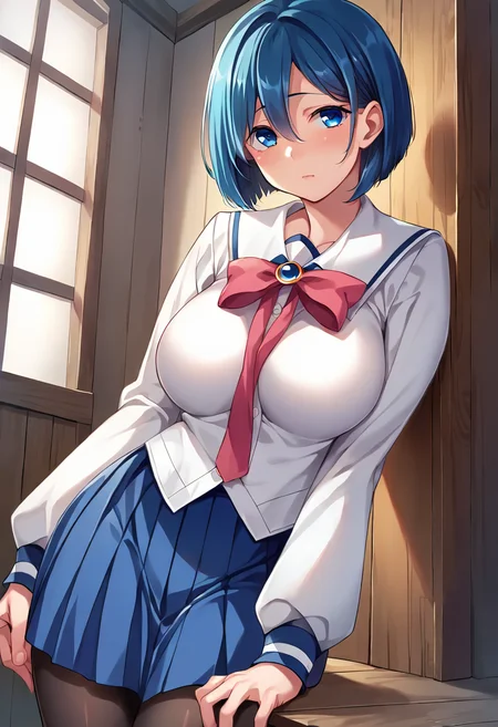 score_9, score_8_up, score_7_up, masterpiece, source_anime, 1girl, a0i, short hair, blue hair, blue eyes, large breasts, white serafuku, black pleated skirt, neck ribbon, puffy long sleeves, black pantyhose, looking at viewer, indoors, wooden wall, <lora:Aqua_Ignis_characterpack_Pony_ct_ver2:0.8>