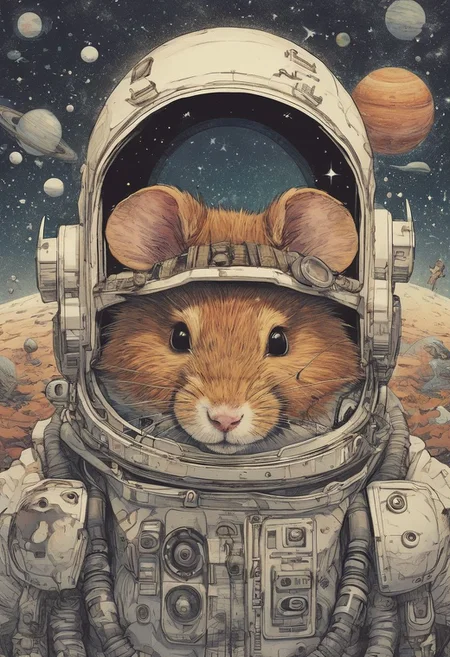 Hamster in astronaut gear, floating in a tiny cardboard spaceship, stars and planets drawn on the wall
(masterpiece, award winning artwork)
many details, extreme detailed, full of details,
Wide range of colors, high Dynamic
<lora:xl_more_art-full_v1:0.65>
<lora:InkArtXL_1.2:0.8> ink art, line art
<lora:EldritchMixIllustration_1.0:0.25>
<lora:xray:0.21>