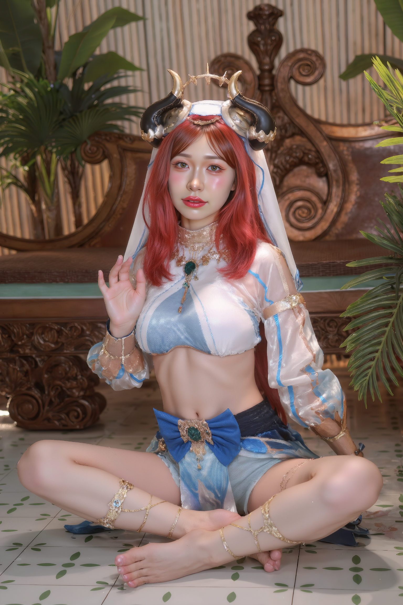 A professional, high-resolution image of a young woman seated comfortably cross-legged on the floor, hands gently resting on her ankles. Her posture is upright and graceful, and her subtle, confident gaze engages warmly with the camera. The diffused lighting accentuates the soft lines and curves of her figure.

She is wearing a blue and white SGWN59Clothing with horns. Her makeup is dramatic, with dark eyeliner and bold, glossy pink lips. 

The lighting features a high-contrast, monochromatic white color scheme that creates a moody, intimate atmosphere. 

The photography technique uses what appears to be soft lighting to create a glamorous effect, with careful attention to highlighting contours while maintaining the dominant light brown color scheme throughout the frame.

The overall aesthetic combines elements of fashion photography, traditional Asian visual motifs, and contemporary boudoir styling. The dramatic light brown lighting creates a cohesive visual theme that ties all elements of the composition together.

The white light emit on her to show her feature.