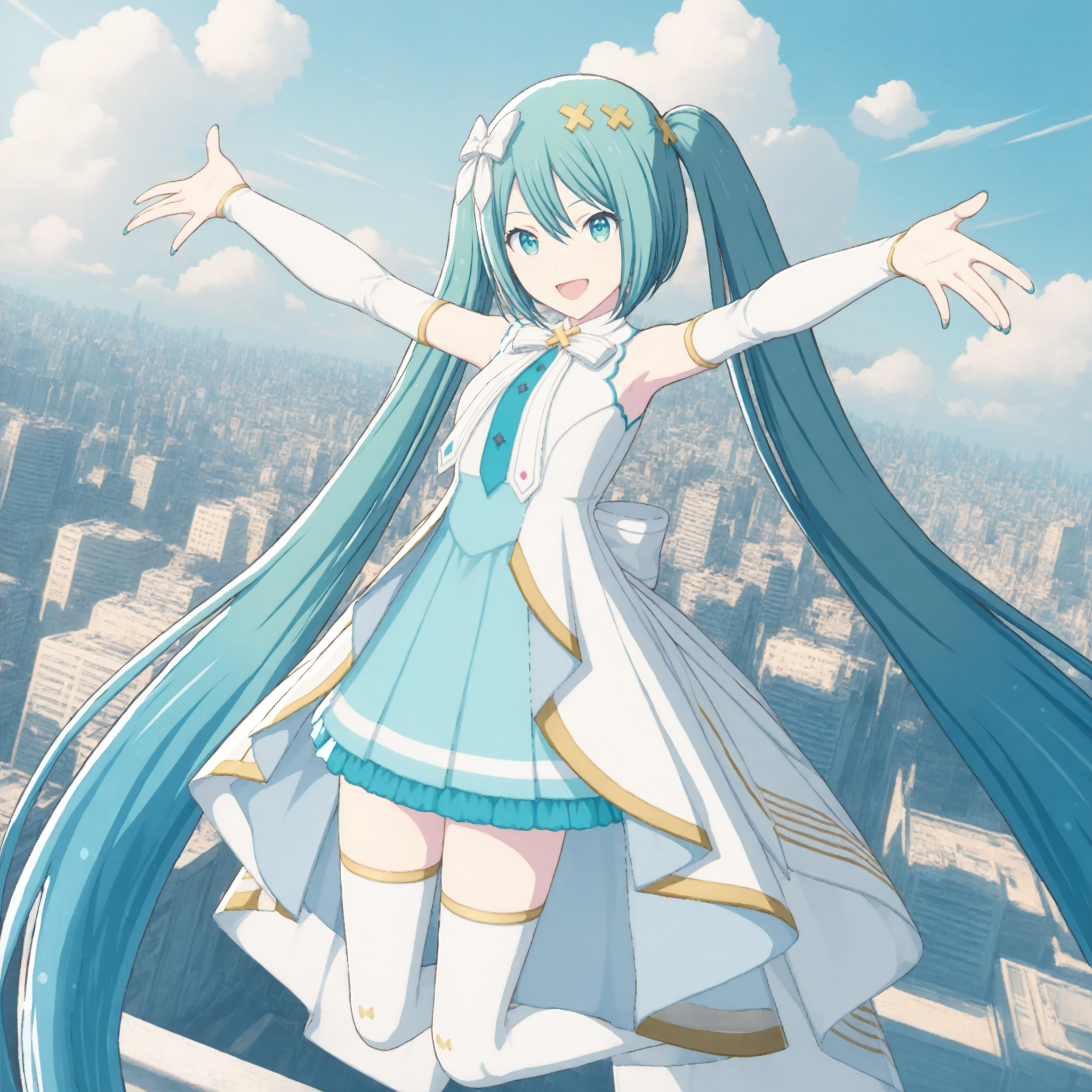 masterpiece, high score, great score, absurdres, official art,
1girl, (hatsune miku:0.2), project sekai, solo,
openedmeets, very long hair, twintails, aqua hair, aqua eyes,
(looking at viewer:1.4), :D, (jumping, arms up, outstretched arms:1.2), outstretched fingers, four fingers and thumb, (portrait:1.4),
white thighhighs, hair ornament, aqua dress, white bow, frilled dress, white dress, aqua necktie, bare shoulders, shoulder cutout, pleated dress, bowtie, detached sleeves, white sleeves, frills, borrowed design, hair bow, zettai ryouiki, ribbon, x hair ornament, sleeveless dress, aqua skirt, neck ribbon, clothing cutout, coat, cloud, long sleeves, gold trim, hair ribbon,
beautiful blue sky, cumulonimbus, group of buildings, cityscape, Overlooking the cityscape, scenery, depth of field,
<lora:xl40-vs-OpenMeets02:0.7>