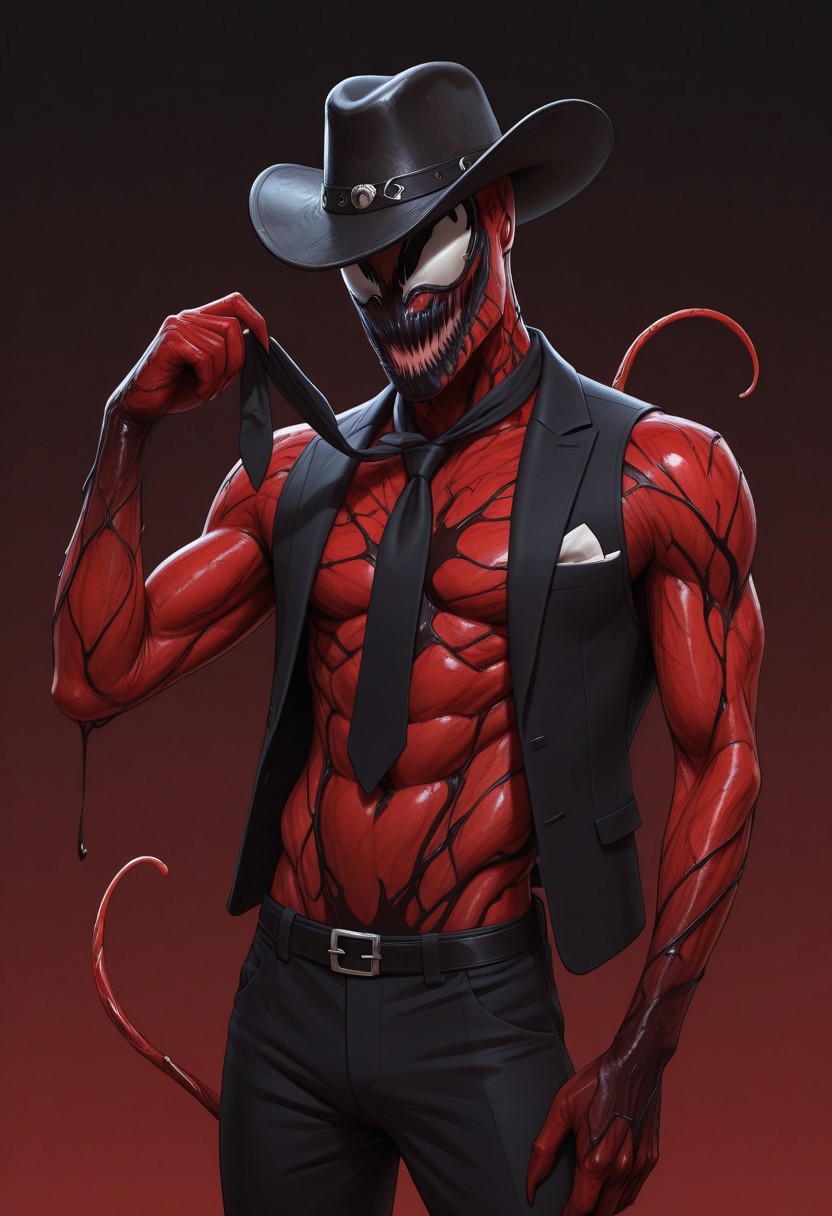 Realistic, perfect anatomy, masterpiece, high quality, best quality, highres, aesthetic, cr3sx4rt,
BREAK
Skinny, fit, smooth skin, carn4ge, 1boy, solo, carnage, symbiote, red body, male focus, standing, cowboy hat, Necktie, vest, tuxedo, holding necktie, clothes, upper body, no background,