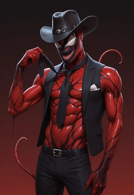 Realistic, perfect anatomy, masterpiece, high quality, best quality, highres, aesthetic, cr3sx4rt,
BREAK
Skinny, fit, smooth skin, carn4ge, 1boy, solo, carnage, symbiote, red body, male focus, standing, cowboy hat, Necktie, vest, tuxedo, holding necktie, clothes, upper body, no background,