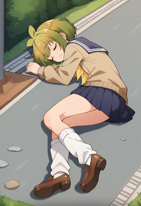 score_9, score_8_up, score_7_up, source_anime, masterpiece, 1girl, ct_bashame, brown cardigan, puffy sleeves, serafuku, blue sailor collar, yellow neckerchief, leg warmers, loafers, full body, outdoors, pavement, shiny skin, lying, sleeping, on side, drool, closed mouth, <lora:Bashame_Meme_pony_ct_ver2:1>