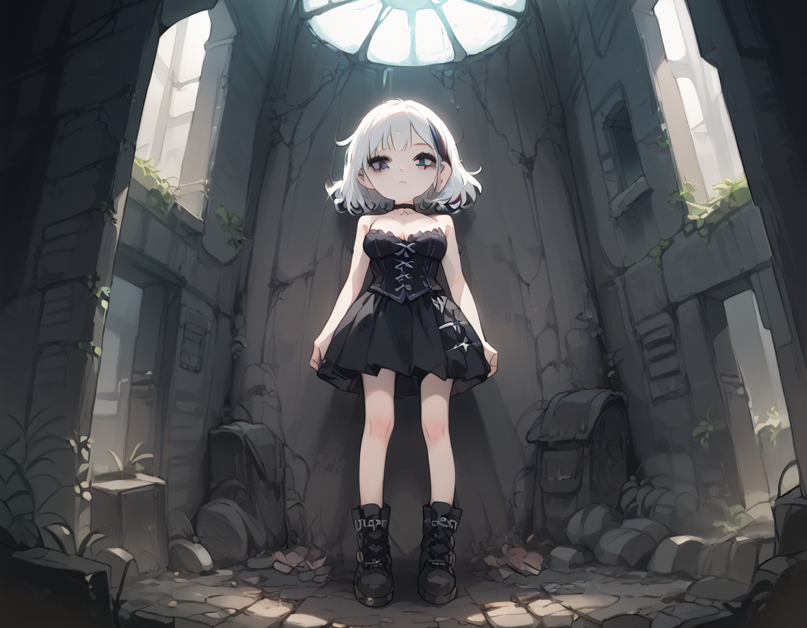 (score_9,score_8_up,score_7_up:1), 1girl, full body, perspective view, horror, neon body light, low ambient light, bored, (goth, (black lipstick, black mascara, black eyeshadow)), (skinny), white hair pink highlights, short hair, choker, eyeshadow)) (etherial scarred skin), large breasts, teardrop shape breast, hanging breast, (bound and dejected), dusty crypt, (<lora:zavy-cntrst-sdxl:1> chiaroscuro, low-key, horror), (<lora:goth_clothes:1> lace-up cords, corset, black combat boots), <lora:The_Coffin_of_Andy_and_Leyley_Game_Artstyle_PonyXL:1>, <lora:add-detail-xl:1>