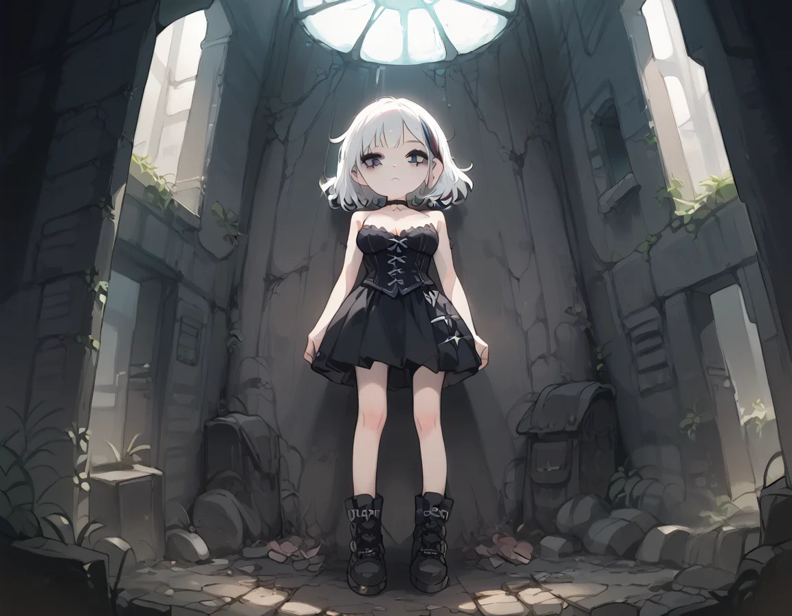 (score_9,score_8_up,score_7_up:1), 1girl, full body, perspective view, horror, neon body light, low ambient light, bored, (goth, (black lipstick, black mascara, black eyeshadow)), (skinny), white hair pink highlights, short hair, choker, eyeshadow)) (etherial scarred skin), large breasts, teardrop shape breast, hanging breast, (bound and dejected), dusty crypt, (<lora:zavy-cntrst-sdxl:1> chiaroscuro, low-key, horror), (<lora:goth_clothes:1> lace-up cords, corset, black combat boots), <lora:The_Coffin_of_Andy_and_Leyley_Game_Artstyle_PonyXL:1>, <lora:add-detail-xl:1>