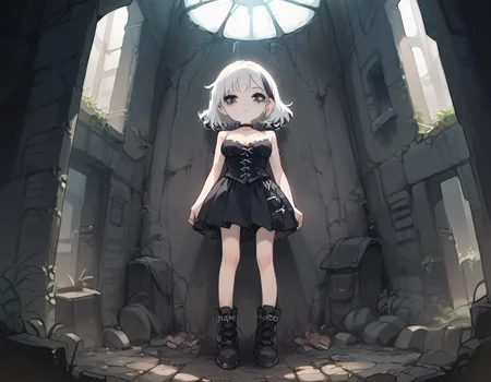 (score_9,score_8_up,score_7_up:1), 1girl, full body, perspective view, horror, neon body light, low ambient light, bored, (goth, (black lipstick, black mascara, black eyeshadow)), (skinny), white hair pink highlights, short hair, choker, eyeshadow)) (etherial scarred skin), large breasts, teardrop shape breast, hanging breast, (bound and dejected), dusty crypt, (<lora:zavy-cntrst-sdxl:1> chiaroscuro, low-key, horror), (<lora:goth_clothes:1> lace-up cords, corset, black combat boots), <lora:The_Coffin_of_Andy_and_Leyley_Game_Artstyle_PonyXL:1>, <lora:add-detail-xl:1>
