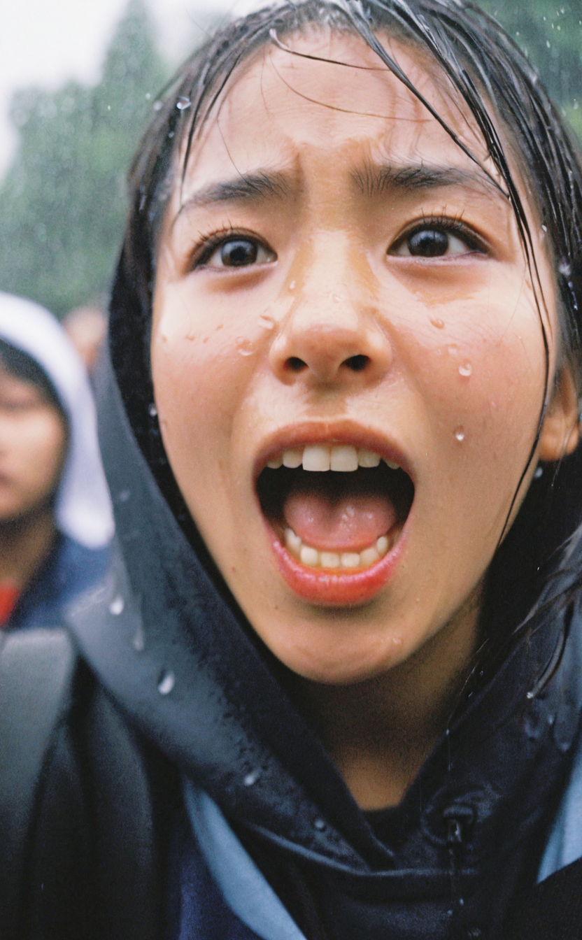 leogirl, realistic Documentary photography, <lora:add-detail-xl:0.3>, 
1girl, A young female activist shouting angrily directly into the camera at a protest. Rain pouring down their face distorts their features, conveying outrage and passion. The diffuse natural light heightens the raw, emotional impact.