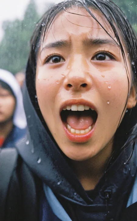 leogirl, realistic Documentary photography, <lora:add-detail-xl:0.3>, 
1girl, A young female activist shouting angrily directly into the camera at a protest. Rain pouring down their face distorts their features, conveying outrage and passion. The diffuse natural light heightens the raw, emotional impact.