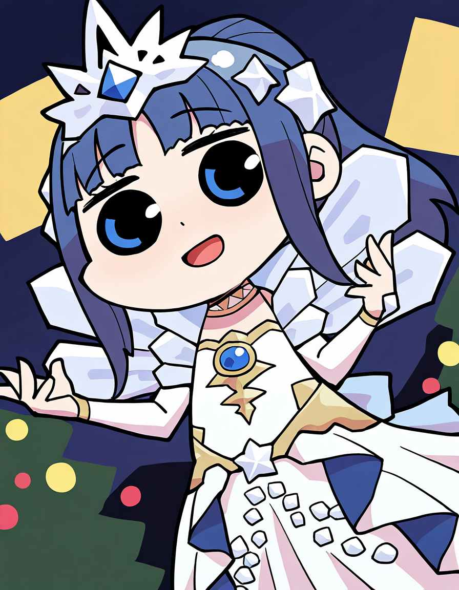 masterpiece, best quality, newest, absurdres, highres, safe, 1girl, nanami yachiyo \(otogibanashi ver.\), magia record: mahou shoujo madoka magica gaiden, papa \(shimeguru\), white dress, white sleeves, smile, open mouth, solo, night, outdoors, dutch angle, <lora:nanami_yachiyo_noobaiXLNAIXL_vPred10Version:0.7>