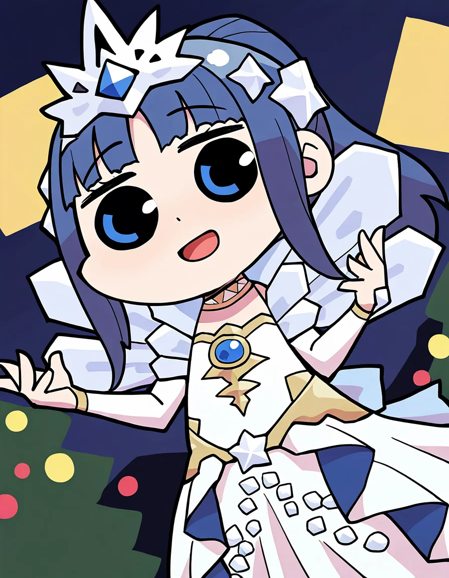 masterpiece, best quality, newest, absurdres, highres, safe, 1girl, nanami yachiyo \(otogibanashi ver.\), magia record: mahou shoujo madoka magica gaiden, papa \(shimeguru\), white dress, white sleeves, smile, open mouth, solo, night, outdoors, dutch angle, <lora:nanami_yachiyo_noobaiXLNAIXL_vPred10Version:0.7>