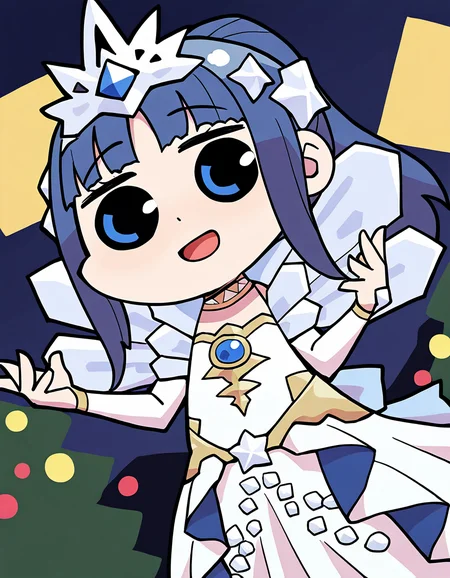 masterpiece, best quality, newest, absurdres, highres, safe, 1girl, nanami yachiyo \(otogibanashi ver.\), magia record: mahou shoujo madoka magica gaiden, papa \(shimeguru\), white dress, white sleeves, smile, open mouth, solo, night, outdoors, dutch angle, <lora:nanami_yachiyo_noobaiXLNAIXL_vPred10Version:0.7>