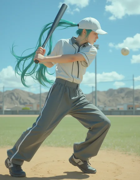 Semi-Realistic
Editorial fashion photo full body Hatsune Miku swinging baseball bat. capture motion.