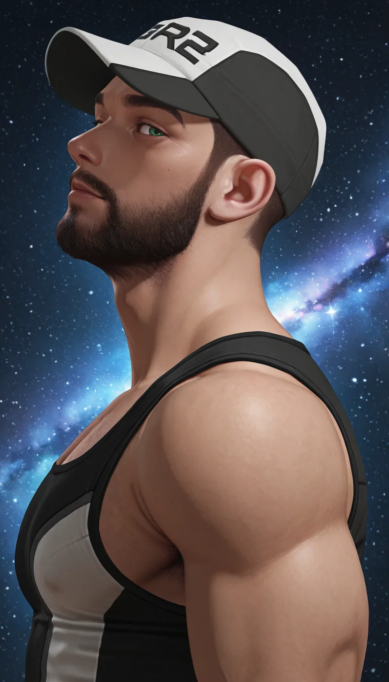 masterpiece,best quality,absurdres,newest,perfect quality,best quality,absolutely eye-catching,detailed background,from behind,looking back,from side,galaxy background,head tilt,portrait,seductive look,<lora:Mass Effect 2 - Joker - Illustrious:0.7>,jmoreau,1boy,brown hair,very short hair,buzz cut,green eyes,beard,mustache,white and black two-tone tank top,side pectoral,uniform baseball cap,