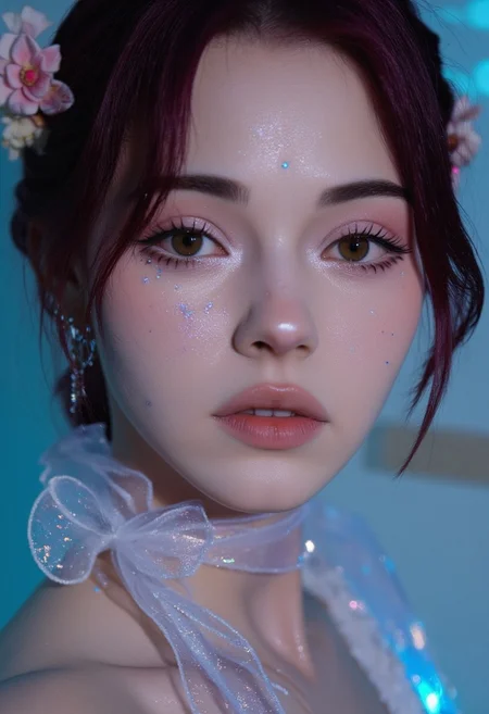 This is a highly detailed, digital artwork in a hyper-realistic style, showcasing a close-up portrait of a young woman KTNK. The subject has fair, smooth skin with a slight sheen, adorned with glittering, iridescent particles that shimmer in shades of blue, pink, and purple, giving a magical, ethereal quality. Her eyes are a striking green, with long, thick eyelashes and a subtle, piercing gaze.