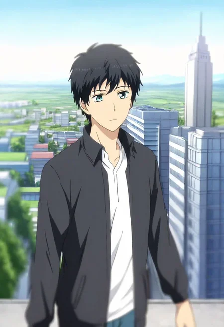 high resolution, solo, best quality, 1Boy, Arata Kaizaki, Black Hair, Blue Eyes, high-rise, top of building, landscape, shallow depth of field, OverallDetail