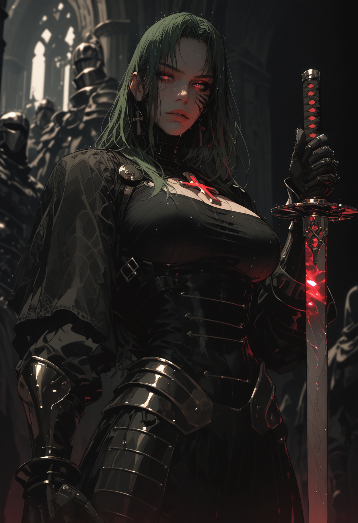 score_9,score_8_up,score_7_up,rating_questionable,source_anime,<lora:add-detail-xl:2>,<lora:Sinozick_Style_XL_Pony:1> ,sinozick style,flat color,dark theme,<lora:incase-ilff-v3-4:0.6>
green long hair, massive breasts, thicc, closeup, outdoor,
fantasy stylised illustration, anime style, rainy, wet, cinematic, dynamic pose, perfect composition, covered in shadows person in a dark clothes, church top background, standing tall, dense crowd behind of different knights, helmet with bright red gem. holding huge (wide sword) smooth sword in front, sword covering half of her face, extremely bright glowing sword, (white glow radiates), intricate, extremely detailed armor, bright white stripes, muscular but thin hands, sharp edges, polished reflective armor of 17512346t, spiral pouldrons, spiral shoulders, design of armor is 8123471 on chest, chestplate of 12458156. ornate shoulders with crosses, looking down, expressive, stature is agile and very graceful, incredible,