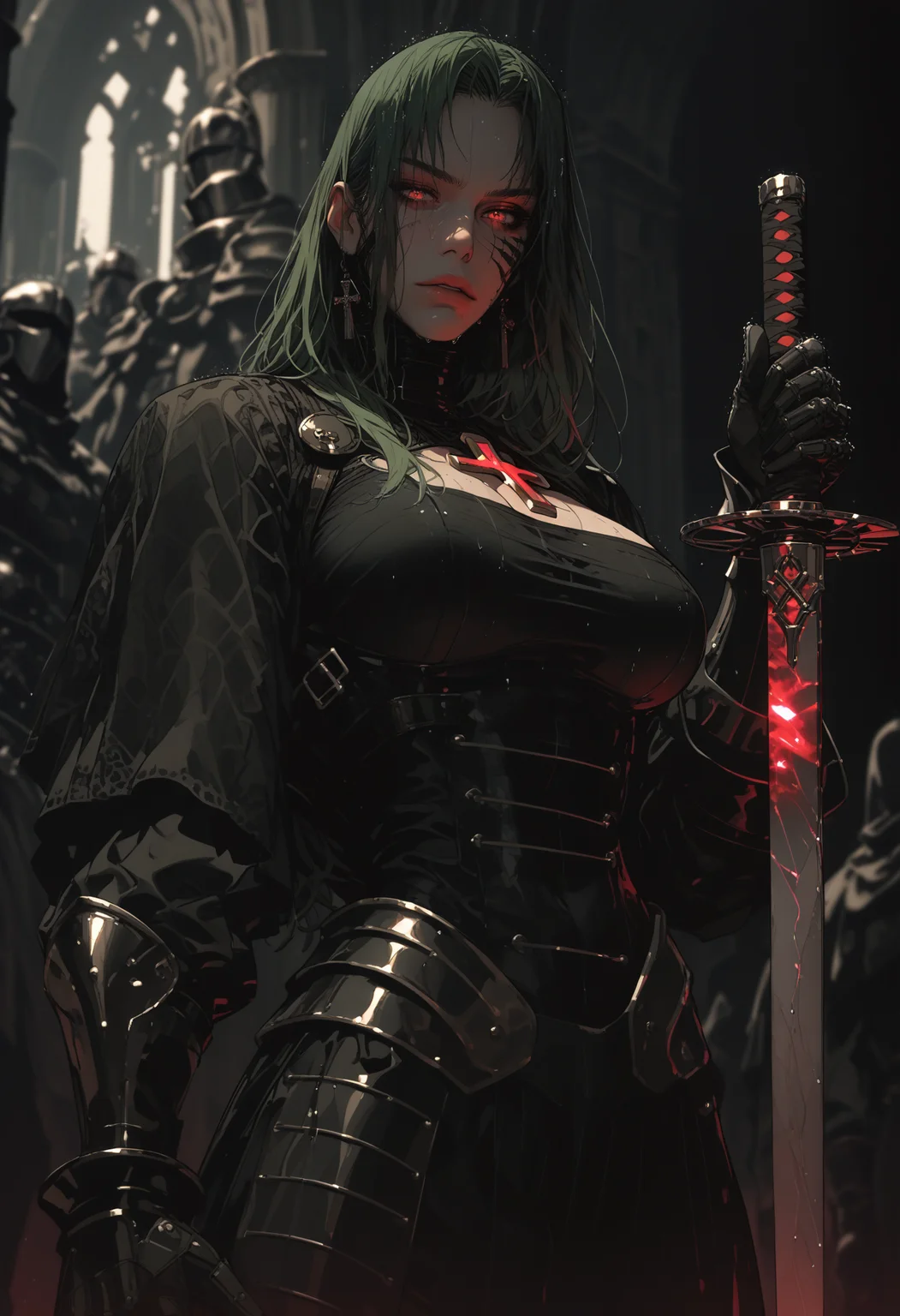 score_9,score_8_up,score_7_up,rating_questionable,source_anime,<lora:add-detail-xl:2>,<lora:Sinozick_Style_XL_Pony:1> ,sinozick style,flat color,dark theme,<lora:incase-ilff-v3-4:0.6>
green long hair, massive breasts, thicc, closeup, outdoor,
fantasy stylised illustration, anime style, rainy, wet, cinematic, dynamic pose, perfect composition, covered in shadows person in a dark clothes, church top background, standing tall, dense crowd behind of different knights, helmet with bright red gem. holding huge (wide sword) smooth sword in front, sword covering half of her face, extremely bright glowing sword, (white glow radiates), intricate, extremely detailed armor, bright white stripes, muscular but thin hands, sharp edges, polished reflective armor of 17512346t, spiral pouldrons, spiral shoulders, design of armor is 8123471 on chest, chestplate of 12458156. ornate shoulders with crosses, looking down, expressive, stature is agile and very graceful, incredible,