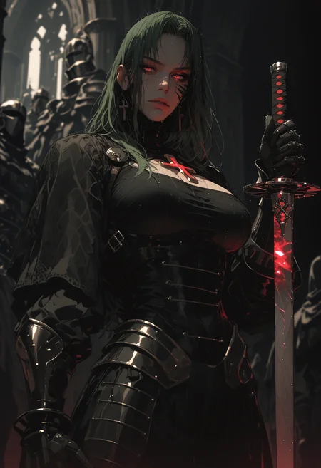 score_9,score_8_up,score_7_up,rating_questionable,source_anime,<lora:add-detail-xl:2>,<lora:Sinozick_Style_XL_Pony:1> ,sinozick style,flat color,dark theme,<lora:incase-ilff-v3-4:0.6>
green long hair, massive breasts, thicc, closeup, outdoor,
fantasy stylised illustration, anime style, rainy, wet, cinematic, dynamic pose, perfect composition, covered in shadows person in a dark clothes, church top background, standing tall, dense crowd behind of different knights, helmet with bright red gem. holding huge (wide sword) smooth sword in front, sword covering half of her face, extremely bright glowing sword, (white glow radiates), intricate, extremely detailed armor, bright white stripes, muscular but thin hands, sharp edges, polished reflective armor of 17512346t, spiral pouldrons, spiral shoulders, design of armor is 8123471 on chest, chestplate of 12458156. ornate shoulders with crosses, looking down, expressive, stature is agile and very graceful, incredible,