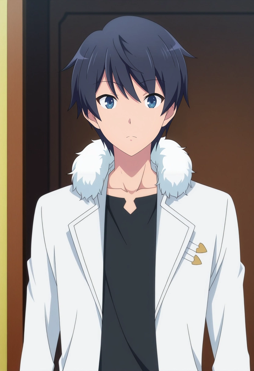 masterpiece, best quality, , anime screencap, anime coloring, official style, looking at viewer, 1boy, solo, male focus, <lora:touya_mochizuki_ilxl:0.94>, touya_mochizuki, black hair, blue eyes, black shirt, white coat, fur trim, , ,