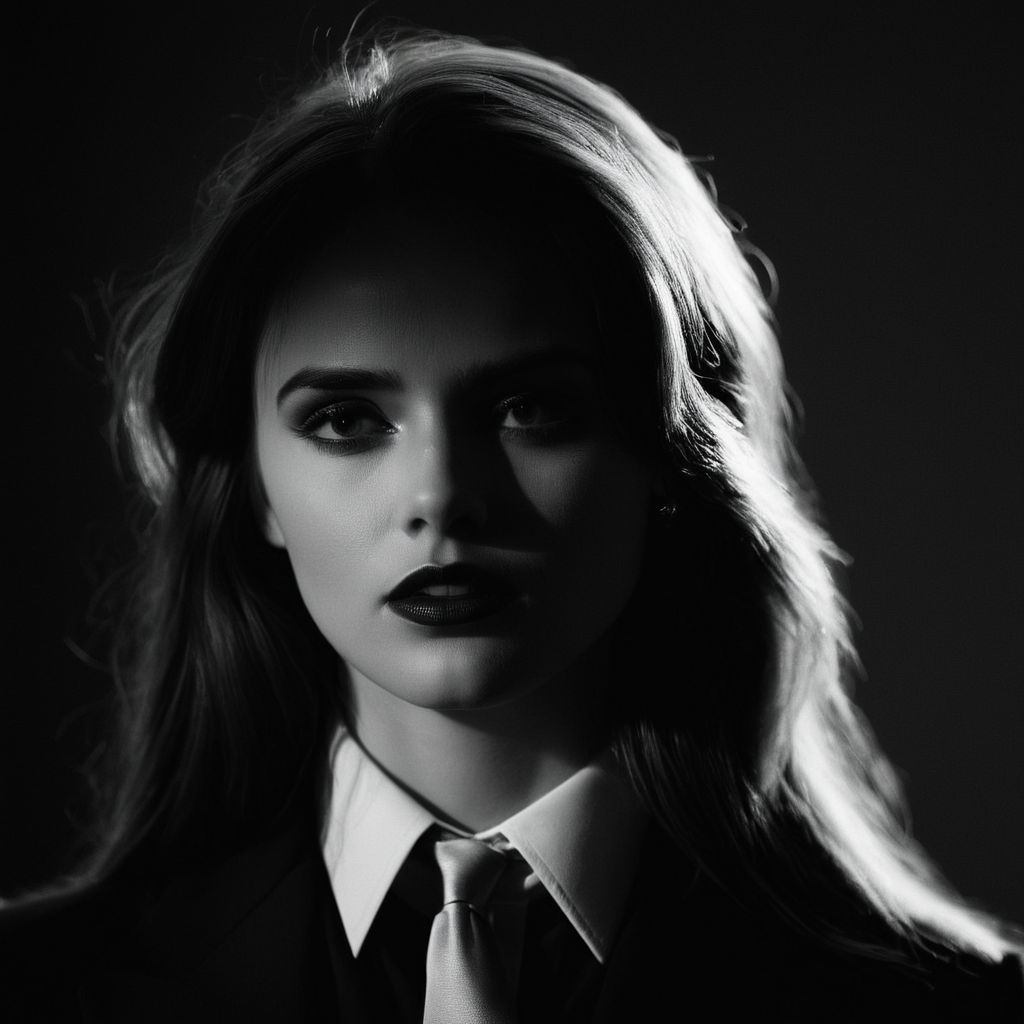 cinematic film still of  <lora:Chiaroscuro Lighting Style:1>
dramatic, cinematic, shadow, partially covered in shadow, a woman with a black shirt and a tie Chiaroscuro Lighting Style, 1girl, solo, long hair, looking at viewer, bangs, monochrome, greyscale, parted lips, teeth, lips, eyelashes, shadow, portrait, realistic, shallow depth of field, vignette, highly detailed, high budget, bokeh, cinemascope, moody, epic, gorgeous, film grain, grainy