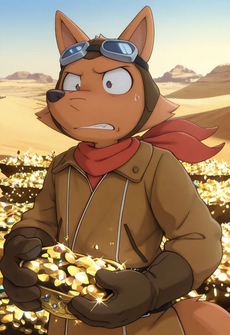 detailed background, detailed fur, solo, 1boy, young adult, muscular, (ZorondoRon), fox, very expressive, amazed, head movement, desert background, outdoors, Egyptian desert scenery, treasure in hand, brown aviators outfit, brown gloves, aviator googles, red scarf around neck, detailed scenery, masterpiece, best quality, amazing quality, absurdres, newest, high res, ultra detailed, best quality, best artwork, detailed eyes, (eyes focus), perfect eyes, big iris, pupils visible, 4k, ultra quality, perfect face