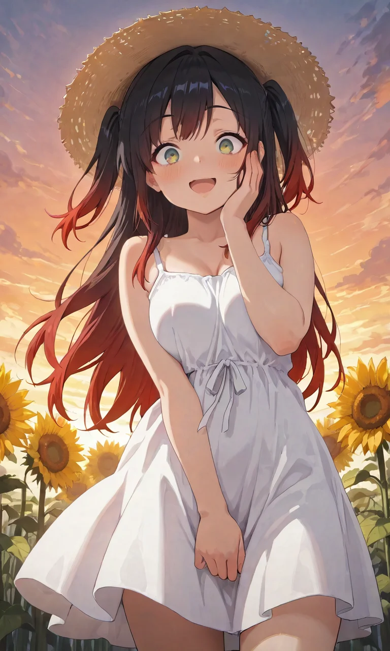 masterpiece, cute, lovely, (best quality:1.3), (amazing quality:1.3), very aesthetic, 1girl, solo, happy, smile. open mouth, high gradient eyes, long hair, green eyes, (red and black hair), very long red hair, streaked hair, multicolored hair, gradient hair, two side up, sidelocks, BREAK, sunflower field. sunflower plantation, sunset, smile, BREAK, summer dress, summer hat, white dress, straw hat, sunset, cowboy shot, view from below, dynamic angle, (surprise, surprised face, one hand on face, take by surprise, pretending to be surprised), (naughty girl:1.2)