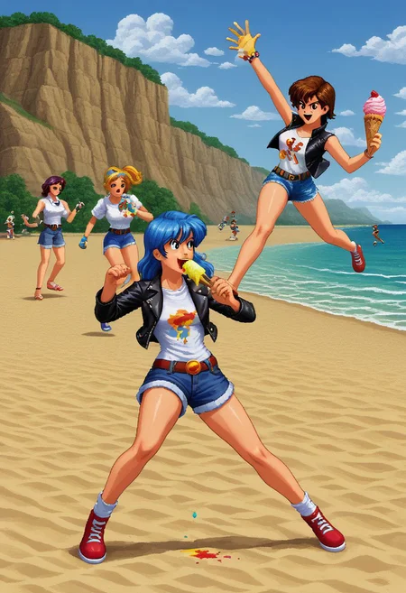 snes style, A woman eating ice cream on the beach, conservative clothing, leather jacket, white shirt, denim shorts, fight scene, happy accidents, 8bit, retro gaming, dripping paint , 16bit, pixel art