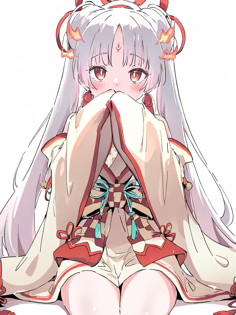 1girl,buzhihuo,,smile,solo,white background,simple background,cowboy shot,covering_mouth,sleeves past fingers,sitting,<lora:buzhihuo-000012:1>, masterpiece, best quality, very aesthetic, absurdres,newest, incredibly absurdres,, ,(Ixy:0.6)),(hiten \(hitenkei\):0.7),