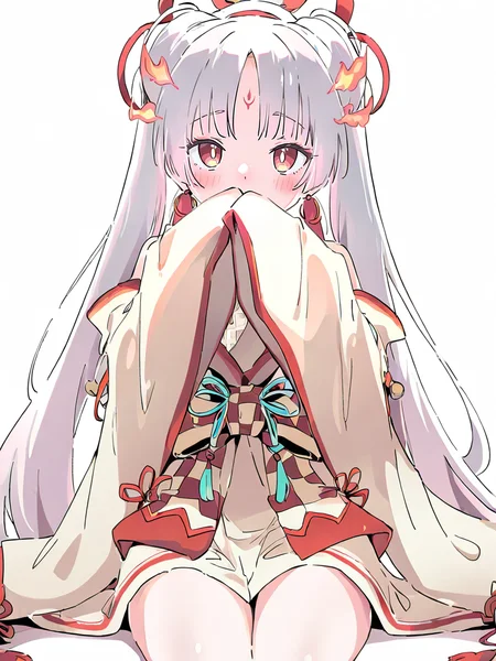 1girl,buzhihuo,,smile,solo,white background,simple background,cowboy shot,covering_mouth,sleeves past fingers,sitting,<lora:buzhihuo-000012:1>, masterpiece, best quality, very aesthetic, absurdres,newest, incredibly absurdres,, ,(Ixy:0.6)),(hiten \(hitenkei\):0.7),
