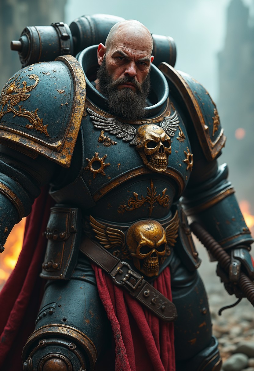 photograph, cinematic, rim light, high details, skin pores, sweat, scar,
(wide angle shot),
(giant warrior, angry face, square jaw, holding a huge sword), 
(Warhammer 40000, Ultramarine, Space Marine armor, huge  shoulder pads,  scar on face bald one blind eye, beard, red cape, gold skull with wings on chest, skull on knee-pad:1.2), 
rust on metal, impacts on armor, holes in armor, leather, bolts, sweat, blood splash, leather belt,
(rocky battle background, smoke, fire, stone ruins, storm, raining),