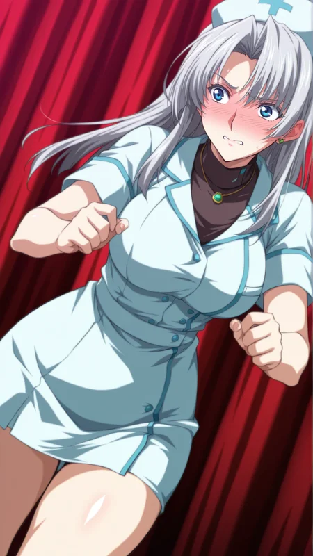 source_anime, general, best quality, masterpiece, 1girl, <lora:Calvina_ill:1> calvina\(srw\),silver hair,long hair,blue eyes,thighs, jewelry, thick thighs, necklace, nurse,dynamic pose, dutch angle, flustered, (embarrassed:0.9),