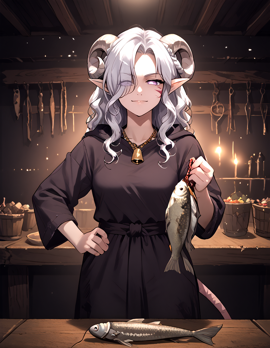 tiefling, tail,pointy ears, tiefling, silver hair, ivory sheep horn, solo, market,   dirty clothes,  detailed,
<lora:whisker_markings:0.8>red whisker_markings:1.7, silver long wavy hair, bell necklace, short pointy ears, purple eyes, <lora:age_slider_v4:1> purple pupils,rat tail, shirt,  purple eyes, <lora:Tiefling_bard_Diana_PDXL:0.7>   tiefling_bard_diana:1.2,    <lora:Erin Danua prefectPonyxl:0.3> white hair,  parted bangs, hair over one eye, braid,  standing, jacket ,  on table,  looking at viwer, naughty face, 
from side , fish, fishstock ,<lora:CartoonyPikachu (Pony):1> 2d, cartoonypop style, simple details,
score_7_up,source_furry, source_anime,
Fish_Stringer:1.4 <lora:fishStock_PDXL:1>,  holding fish stringer, holding rope, <lora:dark_v1.9-pony:1> dark theme, dim lighting, black theme, dark background, dark room, black background, silhouette, backlighting