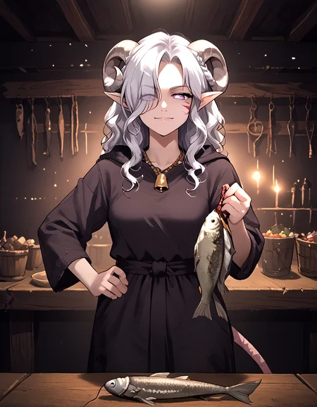 tiefling, tail,pointy ears, tiefling, silver hair, ivory sheep horn, solo, market, dirty clothes, detailed,
<lora:whisker_markings:0.8>red whisker_markings:1.7, silver long wavy hair, bell necklace, short pointy ears, purple eyes, <lora:age_slider_v4:1> purple pupils,rat tail, shirt, purple eyes, <lora:Tiefling_bard_Diana_PDXL:0.7> tiefling_bard_diana:1.2, <lora:Erin Danua prefectPonyxl:0.3> white hair, parted bangs, hair over one eye, braid, standing, jacket , on table, looking at viwer, naughty face,
from side , fish, fishstock ,<lora:CartoonyPikachu (Pony):1> 2d, cartoonypop style, simple details,
score_7_up,source_furry, source_anime,
Fish_Stringer:1.4 <lora:fishStock_PDXL:1>, holding fish stringer, holding rope, <lora:dark_v1.9-pony:1> dark theme, dim lighting, black theme, dark background, dark room, black background, silhouette, backlighting