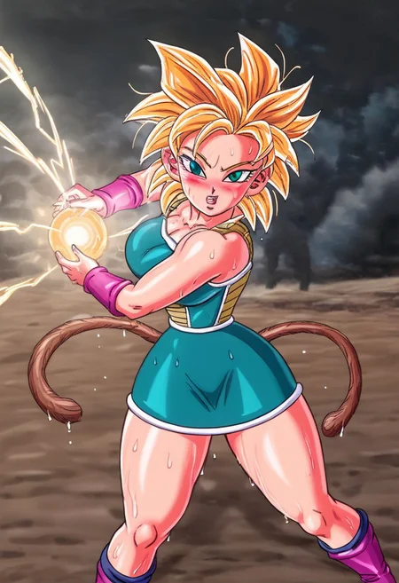 high detail, perfect face,solo,1girl,gine, super saiyan, blonde hair, medium hair, spiked hair, green eyes, monkey tail (thick thighs:1.5), big breasts, sweaty, sweaty, wet body, red blush, massive breast, wide hips, bottom heavy,charge stance, kamehameha charge stance,energy ball, aura, electricity,
BREAK 
score_9, score_8_up, score_7_up, score_6_up, source_cartoon, <lora:officialpit_style_v11:1>, speedlines, thigh highs,