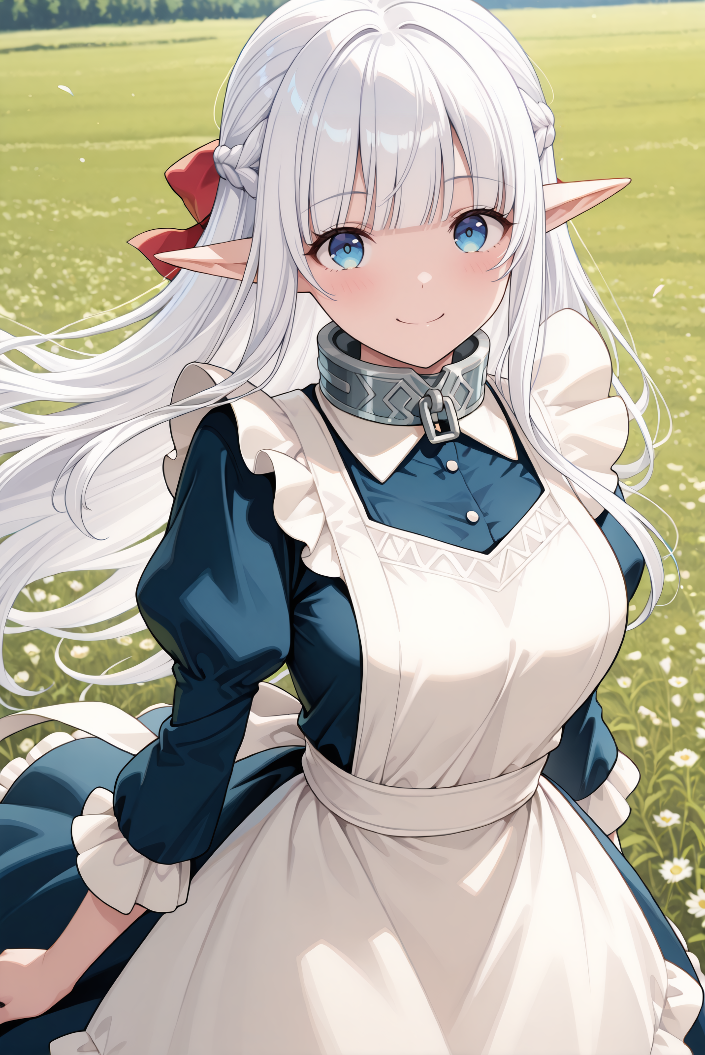 masterpiece, best quality, very aesthetic, absurdres, ultra-detailed, highly detailed, cowboy shot, shiny skin,  dynamic pose, 
meadow,  wind, outdoors, smile, looking at viewer, standing, outdoors,
<lora:Nephelia-08:1> nephelia, 1girl, long hair, white hair, braid, pointy ears, french braid, elf, blue eyes, ribbon, apron, sidelocks, dress, bow, hair ribbon, maid, hair bow, frills, blunt bangs, blue dress, white apron, collar, red bow, metal collar,
 <lora:illustrious_noobai_epsilon_pred_11_very_aesthetic_v1_1029791:1> 
 (lazypos:0.7)