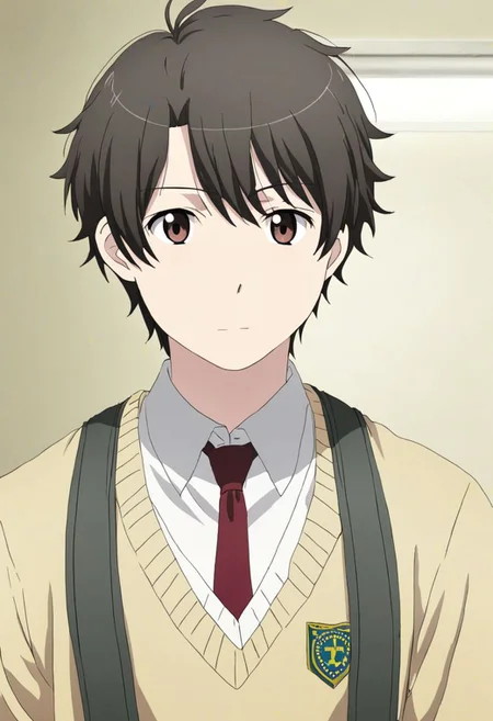 high resolution, solo, best quality, 1Boy, Inaho Kaizuka, Black Hair, Brown Eyes, school, school uniform, OverallDetail