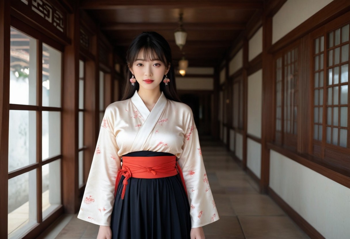 (((ultra high res))), (photorealistic), raw photo, (((4K resolution))), detailed eyes, super detailed face, focus on face, sharp focus,16k wallpaper, absurdres, highres, huge file size.
Shinkaistyle, masterpiece,
decarloxl, retro colors, 60s, perfect eyes, vivid colors, vibrant colors, (lineless:1.5), light from front, Background japanese temple, sunny day, blue sky, clouds, 1girl, solo, long hair, breasts, looking at viewer, blush, smile, bangs, skirt, brown hair, shirt, black hair, long sleeves, dress, ribbon, brown eyes, jewelry, medium breasts, closed mouth, standing, white shirt, upper body, flower, sidelocks, earrings, japanese clothes, indoors, wide sleeves, black skirt, mole, from side, red ribbon, lips, looking to the side, sash, eyelashes, mole under eye, window, makeup, expressionless, chinese clothes, sunlight, lipstick, animal print, building, tassel, light particles, backlighting, high-waist skirt, white kimono, chinese text, red lips, light, hair behind ear, architecture, east asian architecture, tassel earrings, hallway, korean clothes, hanfu