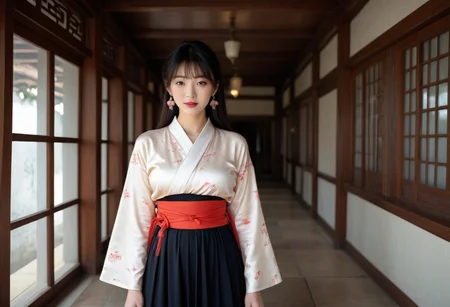 (((ultra high res))), (photorealistic), raw photo, (((4K resolution))), detailed eyes, super detailed face, focus on face, sharp focus,16k wallpaper, absurdres, highres, huge file size.
Shinkaistyle, masterpiece,
decarloxl, retro colors, 60s, perfect eyes, vivid colors, vibrant colors, (lineless:1.5), light from front, Background japanese temple, sunny day, blue sky, clouds, 1girl, solo, long hair, breasts, looking at viewer, blush, smile, bangs, skirt, brown hair, shirt, black hair, long sleeves, dress, ribbon, brown eyes, jewelry, medium breasts, closed mouth, standing, white shirt, upper body, flower, sidelocks, earrings, japanese clothes, indoors, wide sleeves, black skirt, mole, from side, red ribbon, lips, looking to the side, sash, eyelashes, mole under eye, window, makeup, expressionless, chinese clothes, sunlight, lipstick, animal print, building, tassel, light particles, backlighting, high-waist skirt, white kimono, chinese text, red lips, light, hair behind ear, architecture, east asian architecture, tassel earrings, hallway, korean clothes, hanfu
