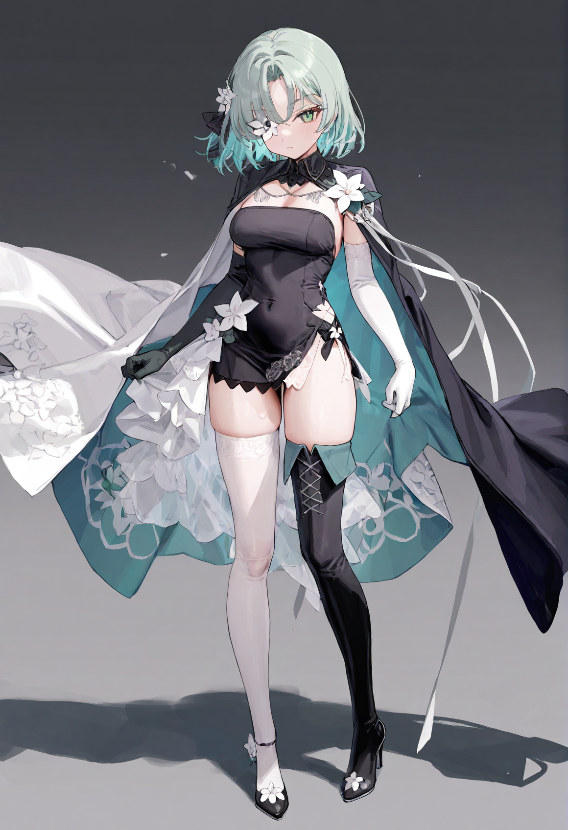 masterpiece,best quality,amazing quality,very aesthetic,high resolution,very awa,(ciloranko:1.3),(mignon:0.8),(navel(ohisashiburi):0.6),(bee \(deadflow\):0.8),<lora:kedamaaXLillokrV5311P:0.3>,1girl,solo,<lora:saya_awake:0.8>,saya_arc,mature female,green hair,aqua hair,flower,white flower,flower_on_eye,green eyes,short hair,bangs,hair flower,hair ornament,ribbon,closed mouth,gloves,asymmetrical gloves,elbow gloves,white gloves,black dress,skirt,dress,cape,black cape,asymmetrical legwear,black_thigh_boots,white thighhighs,high heel boots,high heels,boots,standing,full body,looking at viewer,front view,