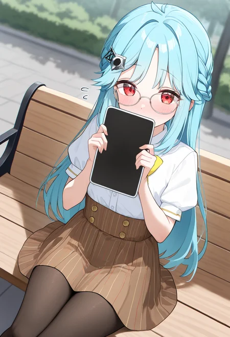 1girl,solo,<lora:HBSkokonail:0.7>,shinonome_kokona,long hair,blue hair,red eyes,hair ornament,glasses,braid,shirt,short sleeves,yellow bow,brown skirt,striped skirt,pantyhose,looking_at_viewer,dynamic_angle,smile,park,bench,sitting,embarrass,blush,tablet_pc,holding_tablet_pc,flying_sweatdrops,covering_face,covering_mouth,incredibly absurdres,masterpiece,best quality,good quality,newest,