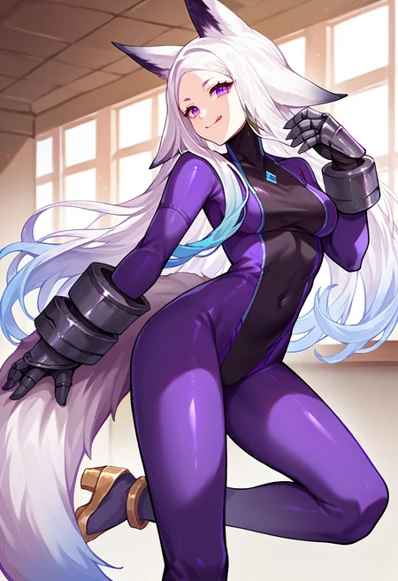 score_9, score_8_up, source_anime, 1girl, solo, DyaRikkuDefault, purple eyes, white hair, gradient hair, animal ears, long hair, black bodysuit, skin tight, gauntlets, tail, smile, tongue out, :p, indoors, <lora:ChamDyarikkuPonyXL:1>