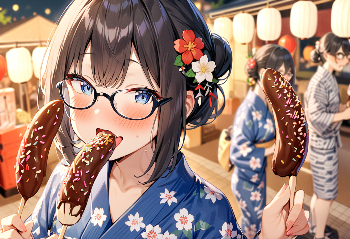 masterpiece, best quality, very aesthetic, absurdres,
chocolate banana, 1girl, solo, glasses, black hair, food, long hair, tongue, blush, holding, holding food, yukata, floral print, hair ornament, hair flower, hair bun, uchiwa, paper fan, paper lantern, night, blurry background, 
<lora:chocolate_banana_SDXL_V1:1>
