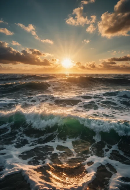 RAW Photograph, the sun is reflecting on a turbulent ocean, insane intricate detail, award winning art, raytracing, sharp focus, 8k, hdr, masterpiece, photography, dslr, kodachrome, 35mm photograph, analog film, professional, highly detailed