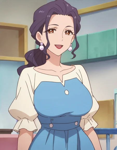 score_9, score_8_up, score_7_up, anime screencap,1girl, solo, jewelry, earrings, white sleeves,purple hair, brown eyes, smile, looking at viewer, lipstick, long hair, ponytail, open mouth, makeup ,cowboy shot,milf,blue skirt,blue shirt,large breasts,wide hip,<lora:suzumiramiyuki:0.8>